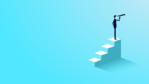 Founder on stairs looking through a telescope